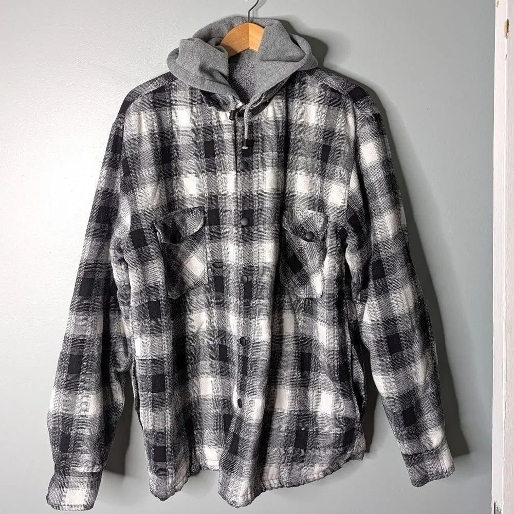 Canyon Creek Black White Plaid Flannel Snap Up Hooded Fleece Jacket Shacket M
